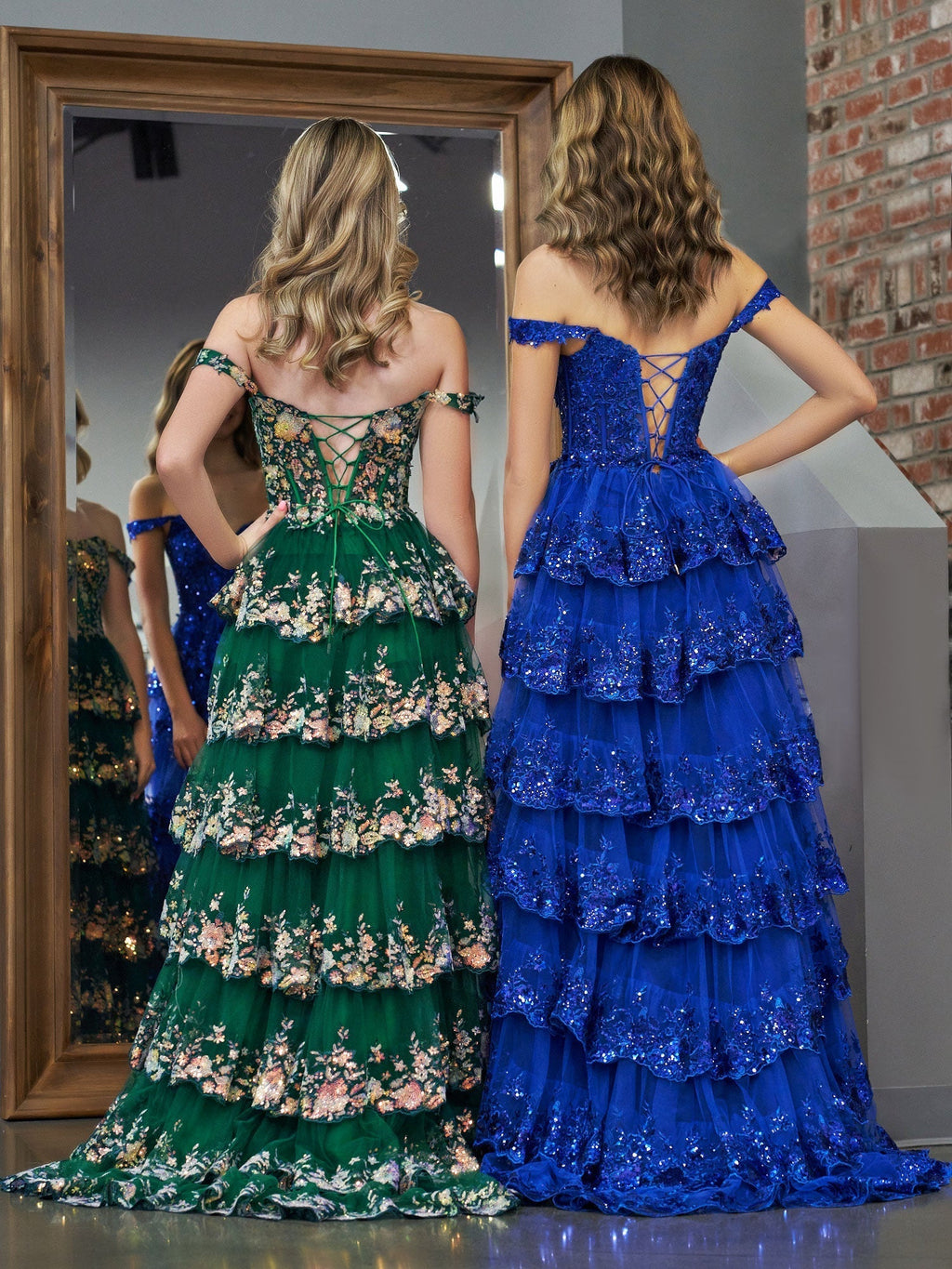 Vestido de fiesta estilo princesa, corte A, hombros descubiertos, corsé y volantes de encaje