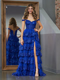 Vestido de fiesta estilo princesa, corte A, hombros descubiertos, corsé y volantes de encaje