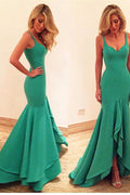 Vestido de Noche Sirena de Satén con Escote Corazón, Tirantes y Volantes