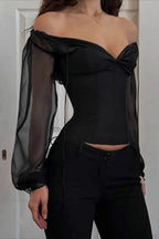 Ruched V-neck Puff Sleeve Slim Long Sleeve Tee