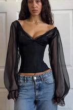 Ruched V-neck Puff Sleeve Slim Long Sleeve Tee