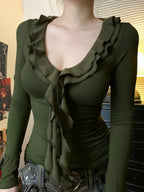 Ruffle V-neck Knit Top