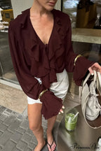Ruffled V-Neck Long-Sleeve Tie-Waist French Blouse