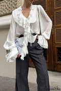 Ruffled V-Neck Long-Sleeve Tie-Waist French Blouse