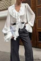 Ruffled V-Neck Long-Sleeve Tie-Waist French Blouse
