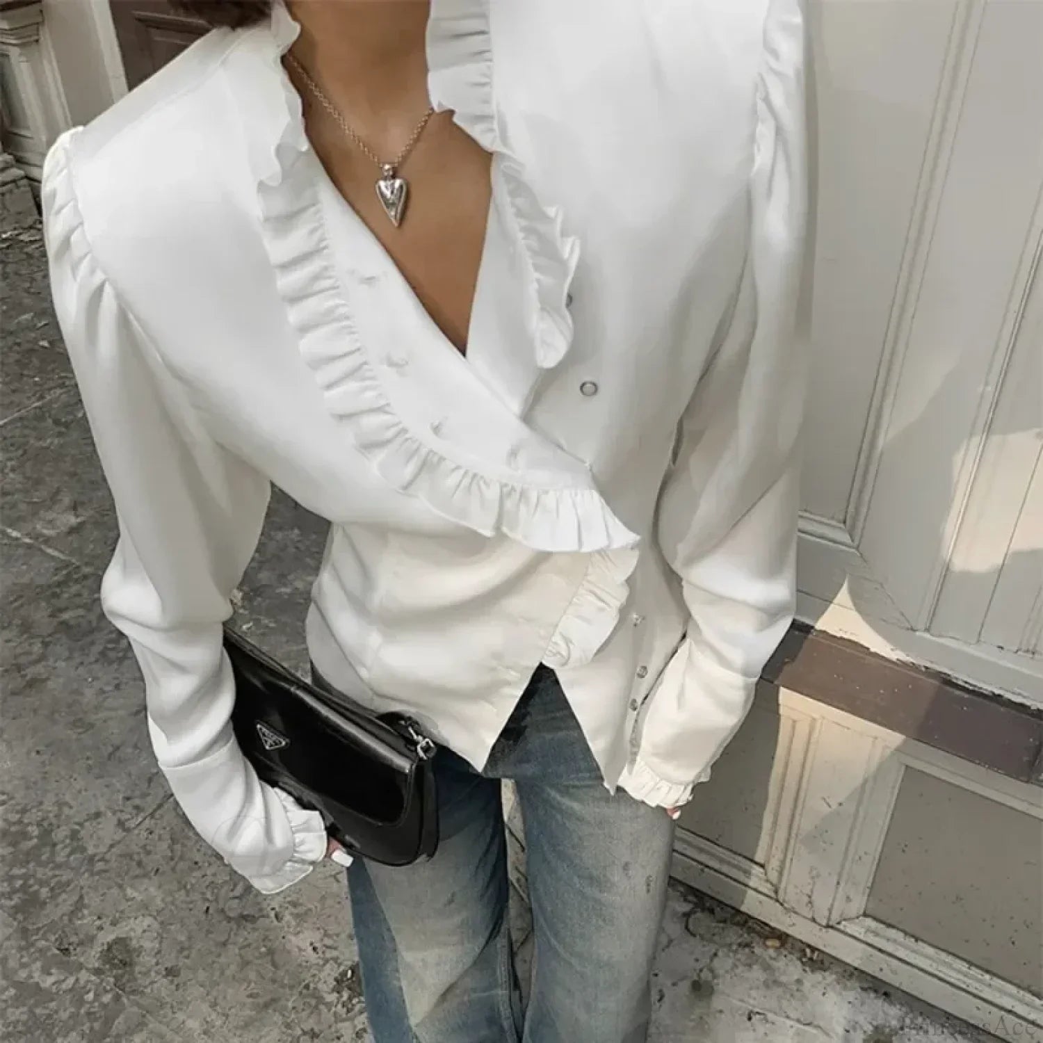 Ruffled White Long Sleeve Blouse