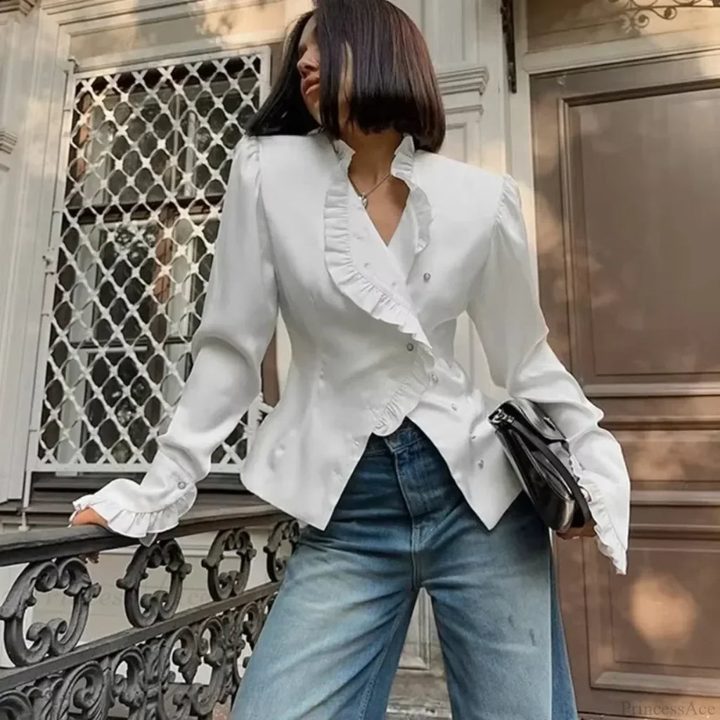 Ruffled White Long Sleeve Blouse