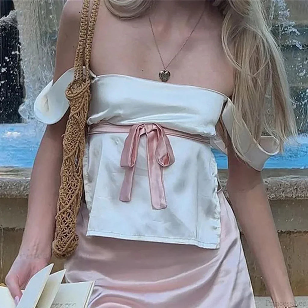 Satin Bow Tie Milkmaid Backless Crop Top