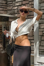 Satin V Neck Minimalist 5-Sleeve Crop Top