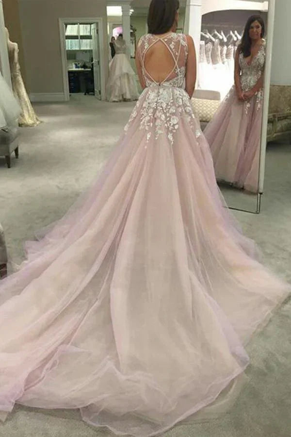 Scoop V-neck Long Wedding Dress/Prom Dress with Appliques