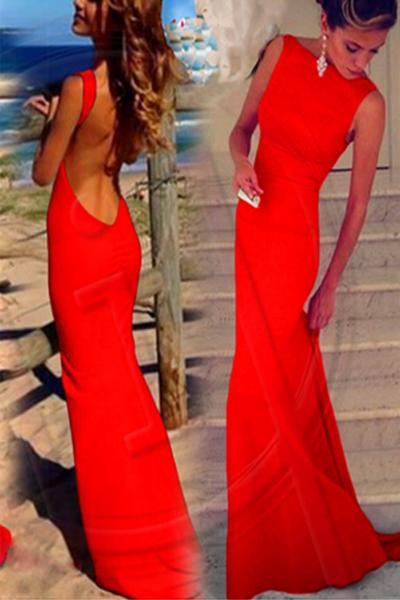 Open Back mermaid High Neck Long Sheath Prom Dresses Evening Dress