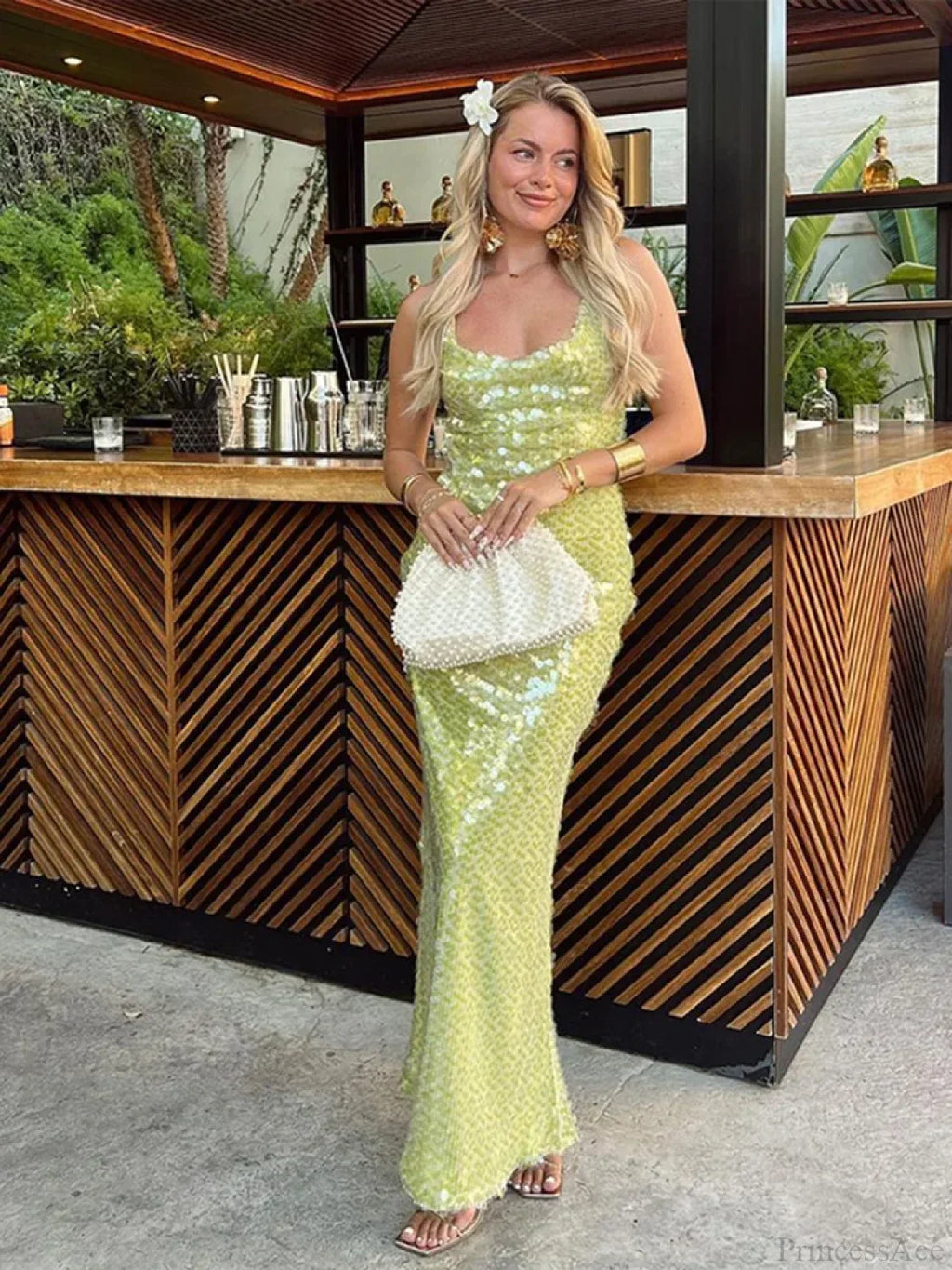 Sequin Backless Lace-Up Square Collar Maxi Dress