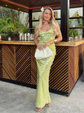 Sequin Backless Lace-Up Square Collar Maxi Dress
