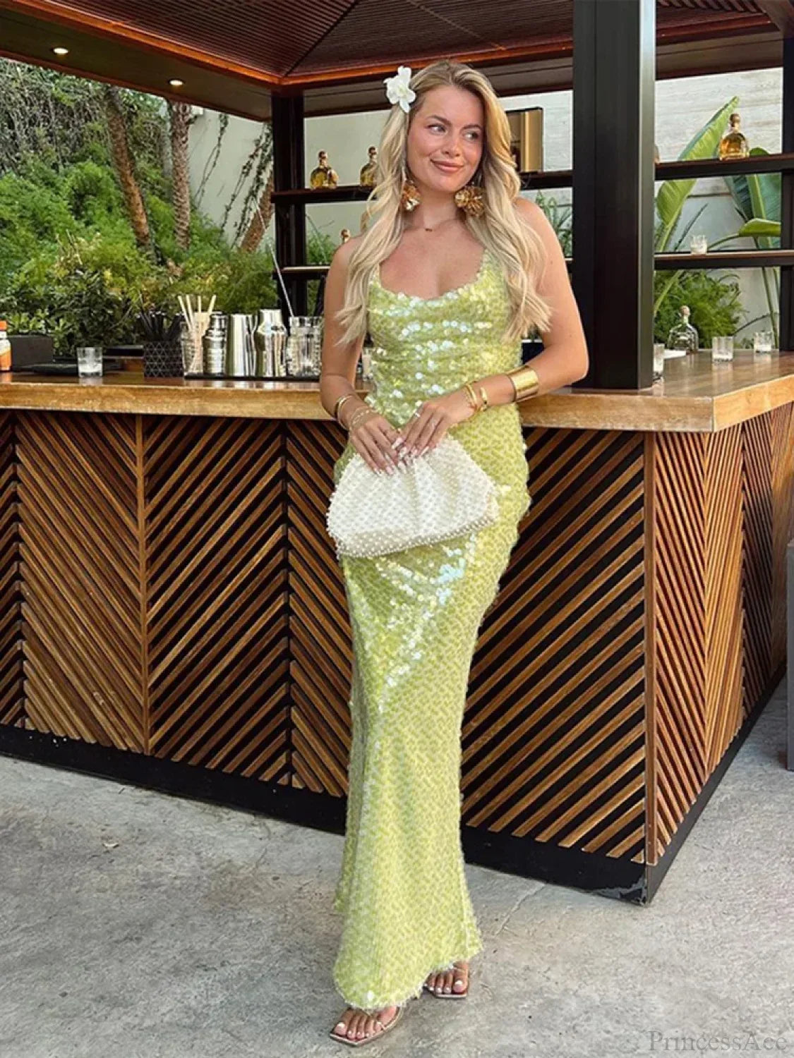Sequin Backless Lace-Up Square Collar Maxi Dress