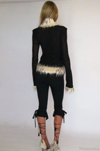 Sexy Chic Fur Collar Tulle Panel Cropped Long Sleeve Blouse