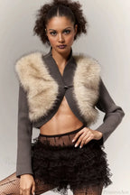 Sexy Crop Color Block Fuzzy Panel Open Front Blouse