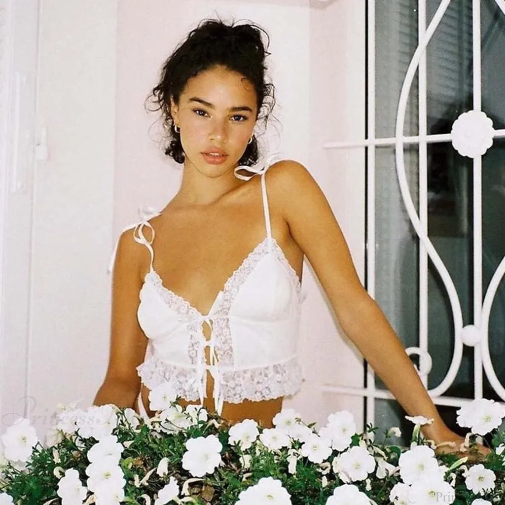Sexy Deep V-neck Lace Ribbed White Crop Top