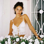 Sexy Deep V-neck Lace Ribbed White Crop Top