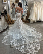 Vestido de novia sexy de encaje estilo sirena, sin mangas, con escote en forma de corazón y hombros descubiertos
