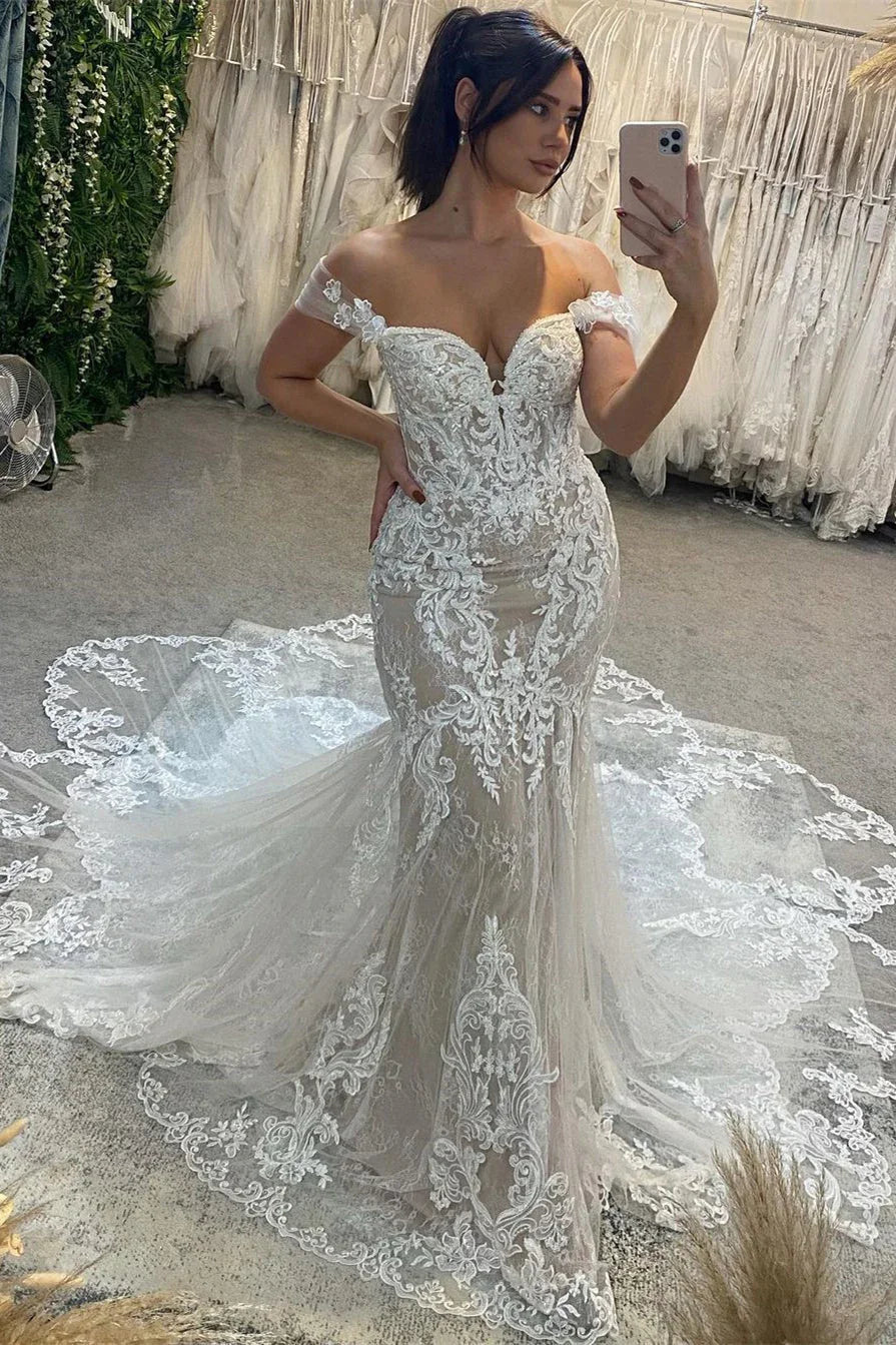 Vestido de novia sexy de encaje estilo sirena, sin mangas, con escote en forma de corazón y hombros descubiertos