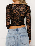 Sexy Floral Mesh Sheer Long Sleeve Crop Top