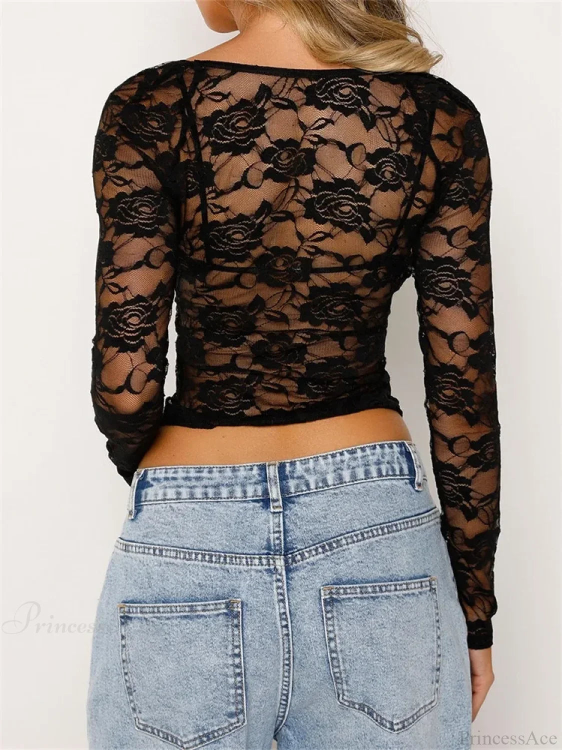 Sexy Floral Mesh Sheer Long Sleeve Crop Top