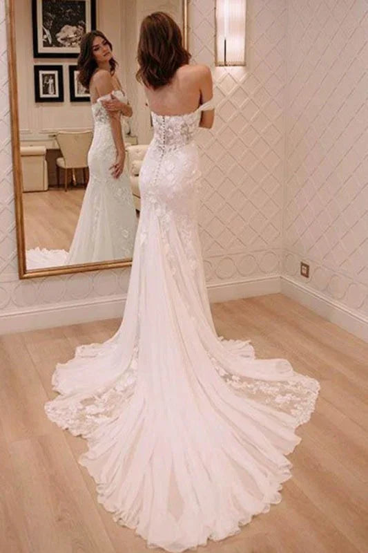 Vestidos de Novia Elegantes con Hombros Descubiertos, Apliques, Cola y Estilo Playero