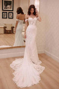 Vestidos de Novia Elegantes con Hombros Descubiertos, Apliques, Cola y Estilo Playero