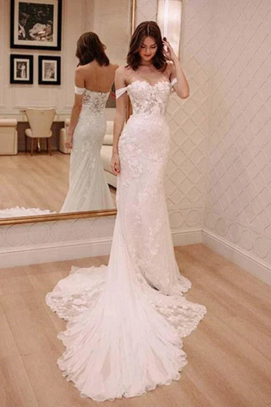 Vestidos de Novia Elegantes con Hombros Descubiertos, Apliques, Cola y Estilo Playero
