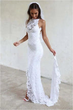 Vestidos de novia elegantes de playa con cola de corte sirena, sexys y bonitos, con encaje y joya, sin espalda 