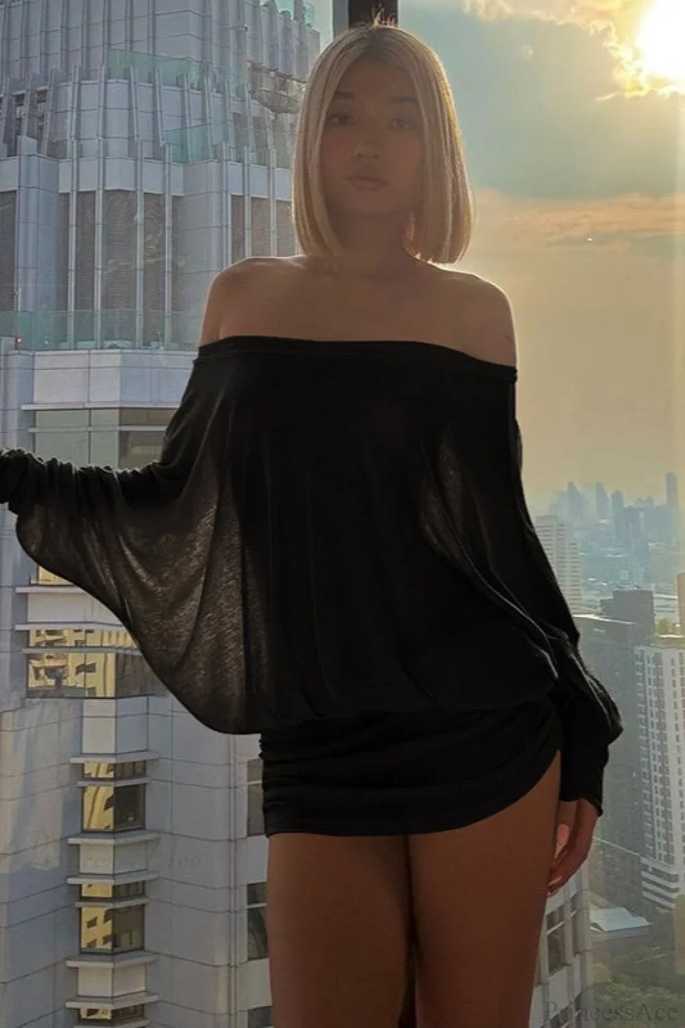 Sexy Solid Color Batwing Off-the-Shoulder Long Sleeve Blouse