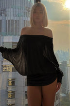 Sexy Solid Color Batwing Off-the-Shoulder Long Sleeve Blouse
