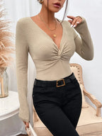 Sexy V-Neck Pleated Knotted Long Sleeve Knitted T-shirt Women