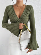 Sexy V-Neck Solid Color Slim Long Sleeve T-shirt Women