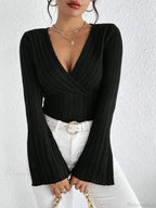 Sexy V-Neck Solid Color Slim Long Sleeve T-shirt Women