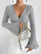 Sexy V-Neck Solid Color Slim Long Sleeve T-shirt Women