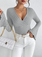 Sexy V-Neck Solid Color Slim Long Sleeve T-shirt Women