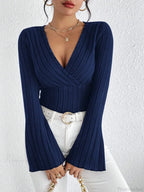 Sexy V-Neck Solid Color Slim Long Sleeve T-shirt Women