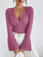 Sexy V-Neck Solid Color Slim Long Sleeve T-shirt Women