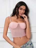Sheer Camis Sweetheart Bow Spaghetti Strap Crop Top