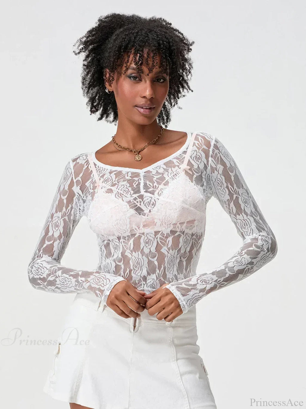Sheer Lace Long Sleeve V-neck Mesh Crop T-shirt