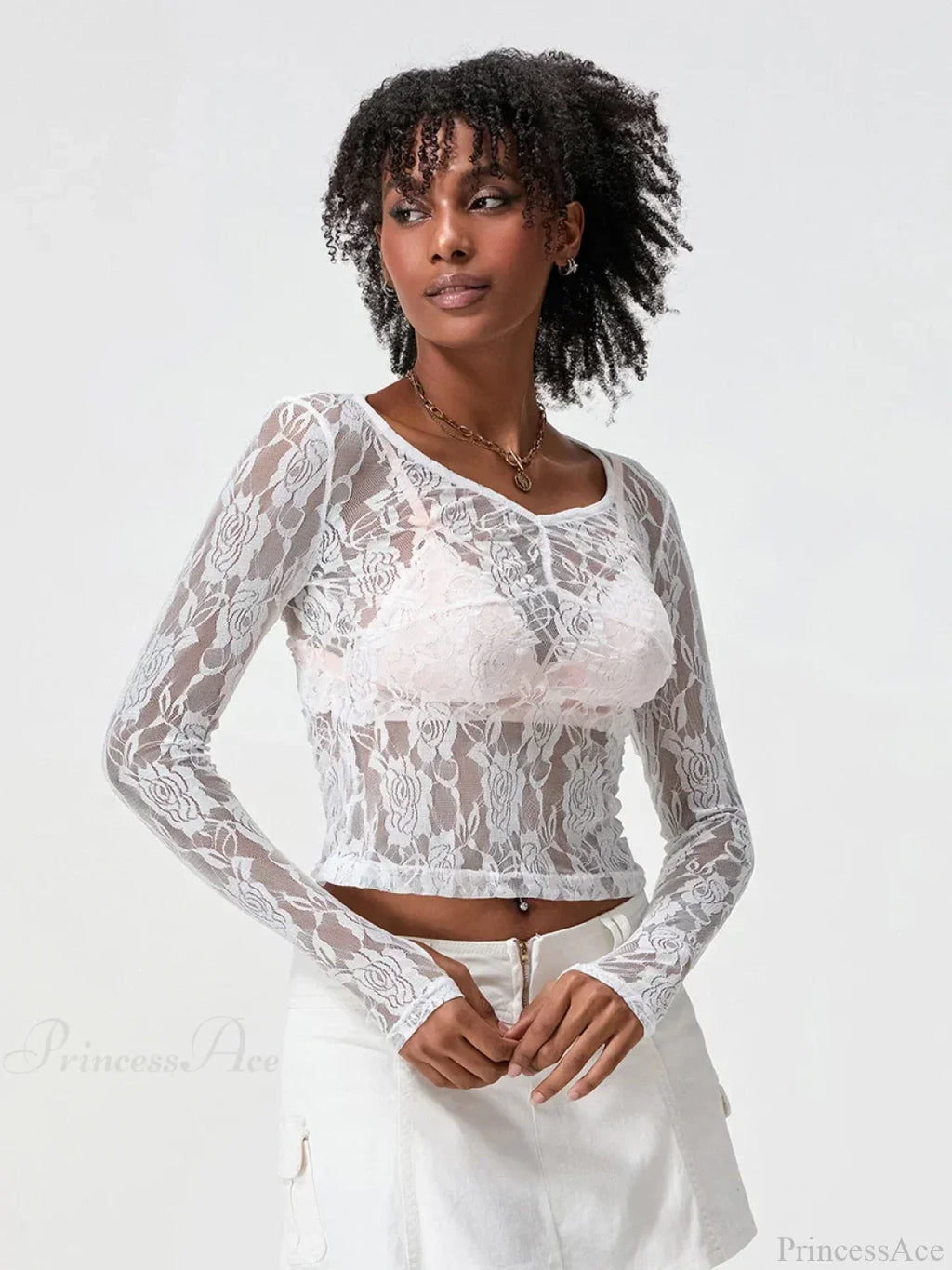 Sheer Lace Long Sleeve V-neck Mesh Crop T-shirt