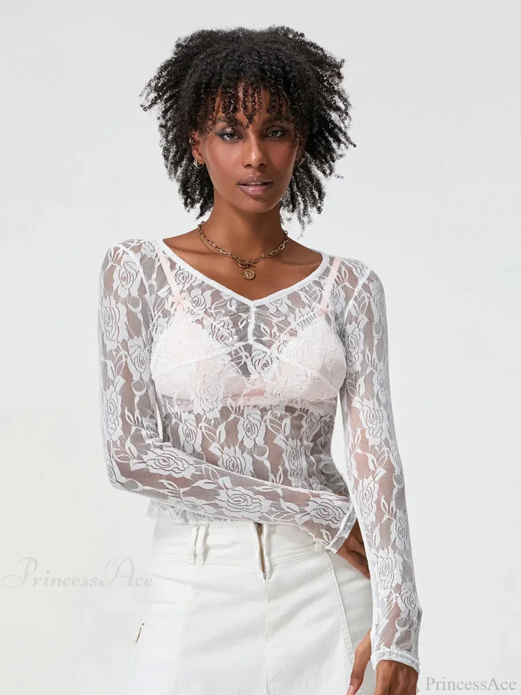 Sheer Lace Long Sleeve V-neck Mesh Crop T-shirt