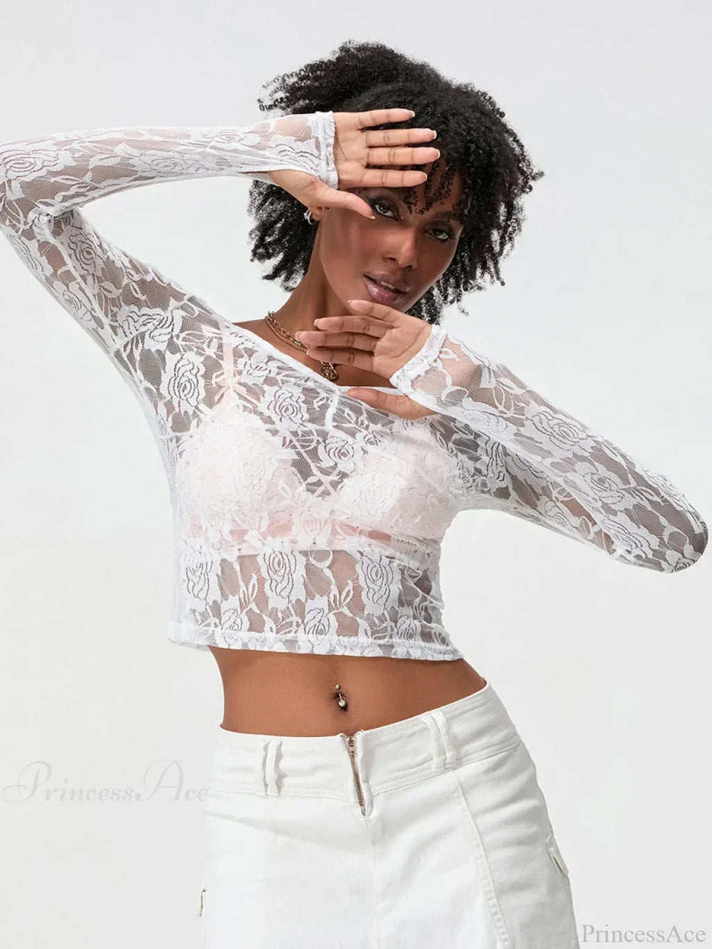 Sheer Lace Long Sleeve V-neck Mesh Crop T-shirt