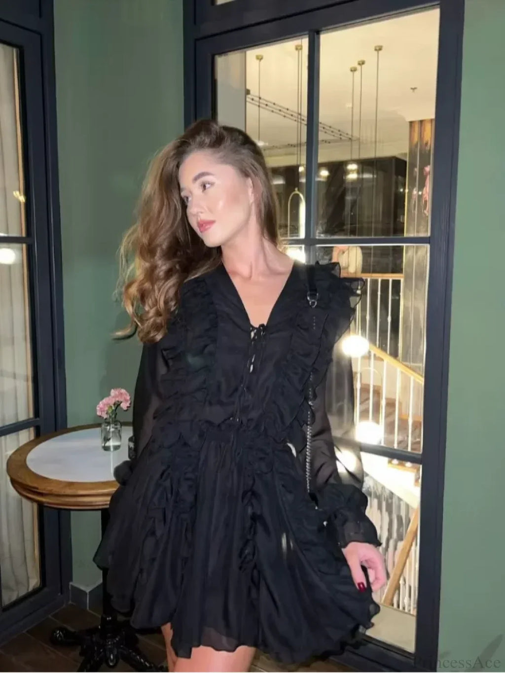 Sheer Lace Mesh Deep V Neck Blouse
