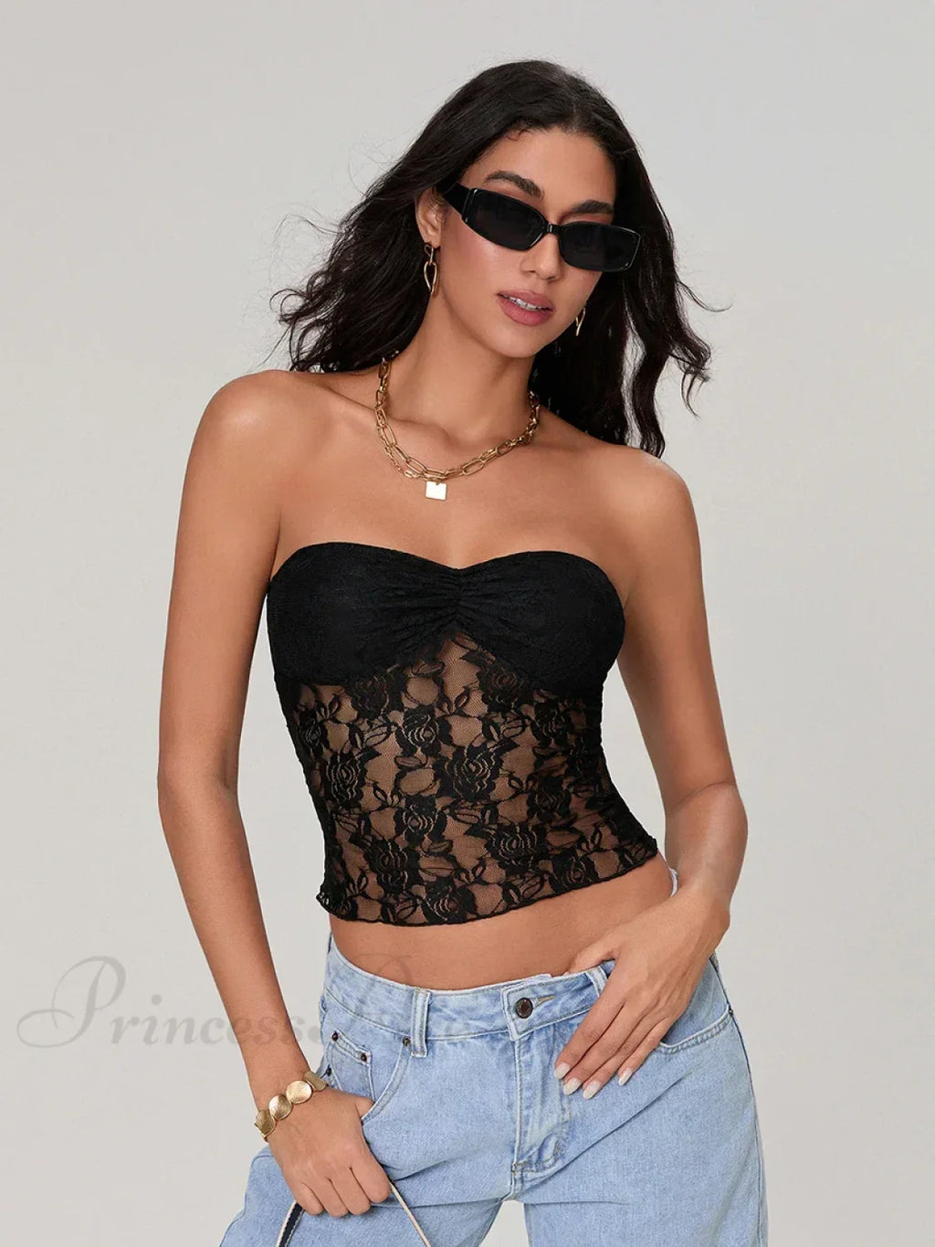 Sheer Lace Off-shoulder Strapless Low Cut Bandeau Top