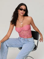 Sheer Lace Off-shoulder Strapless Low Cut Bandeau Top