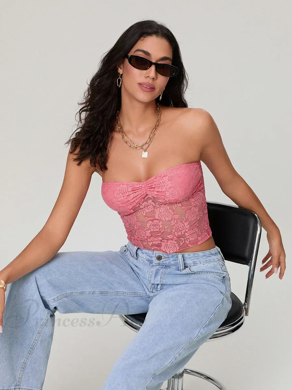 Sheer Lace Off-shoulder Strapless Low Cut Bandeau Top