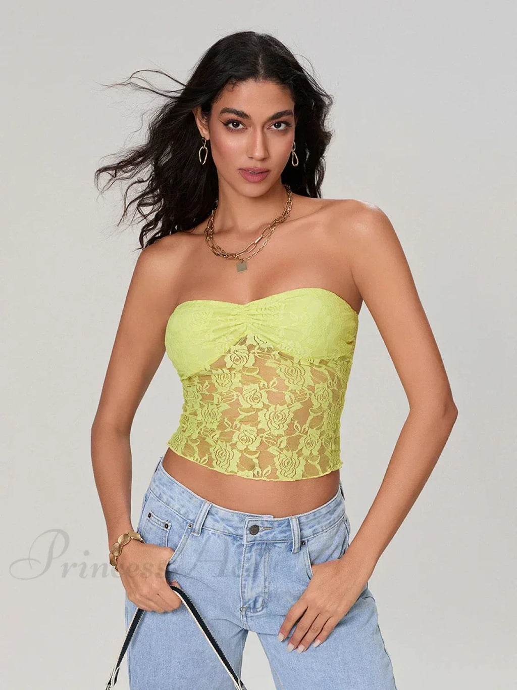 Sheer Lace Off-shoulder Strapless Low Cut Bandeau Top