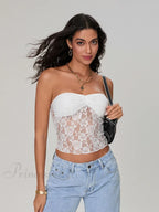 Sheer Lace Off-shoulder Strapless Low Cut Bandeau Top